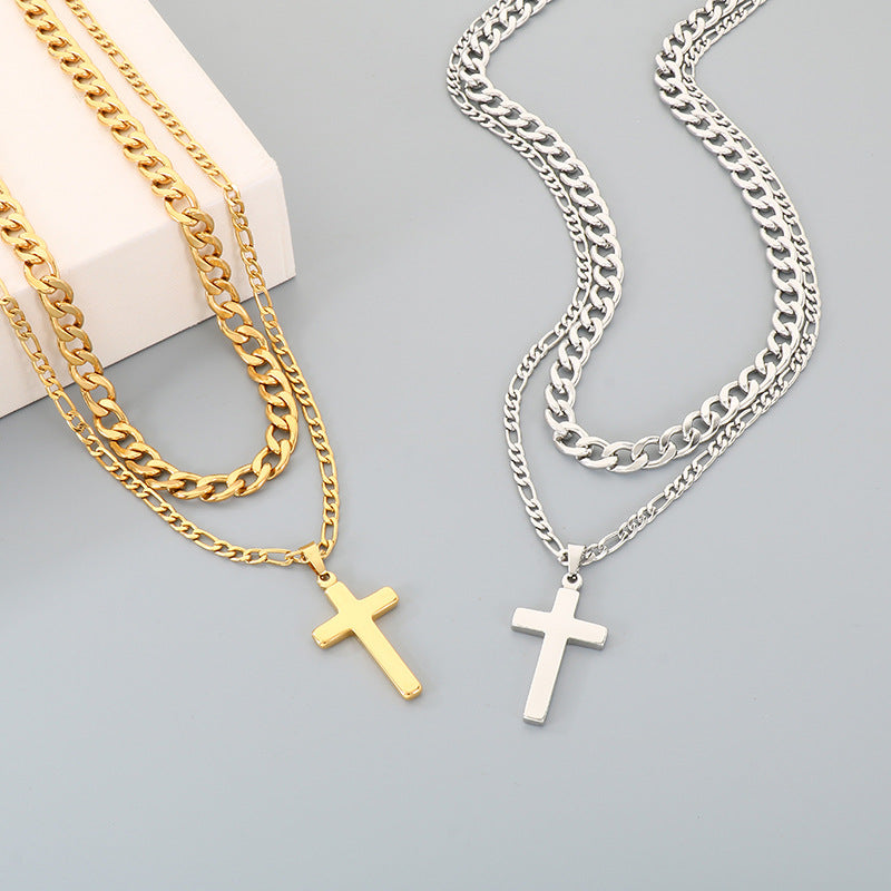 Retro Lettering Cross Necklace, And Nk Chain Double-Layer Stacked Stainless Steel Men's Necklace