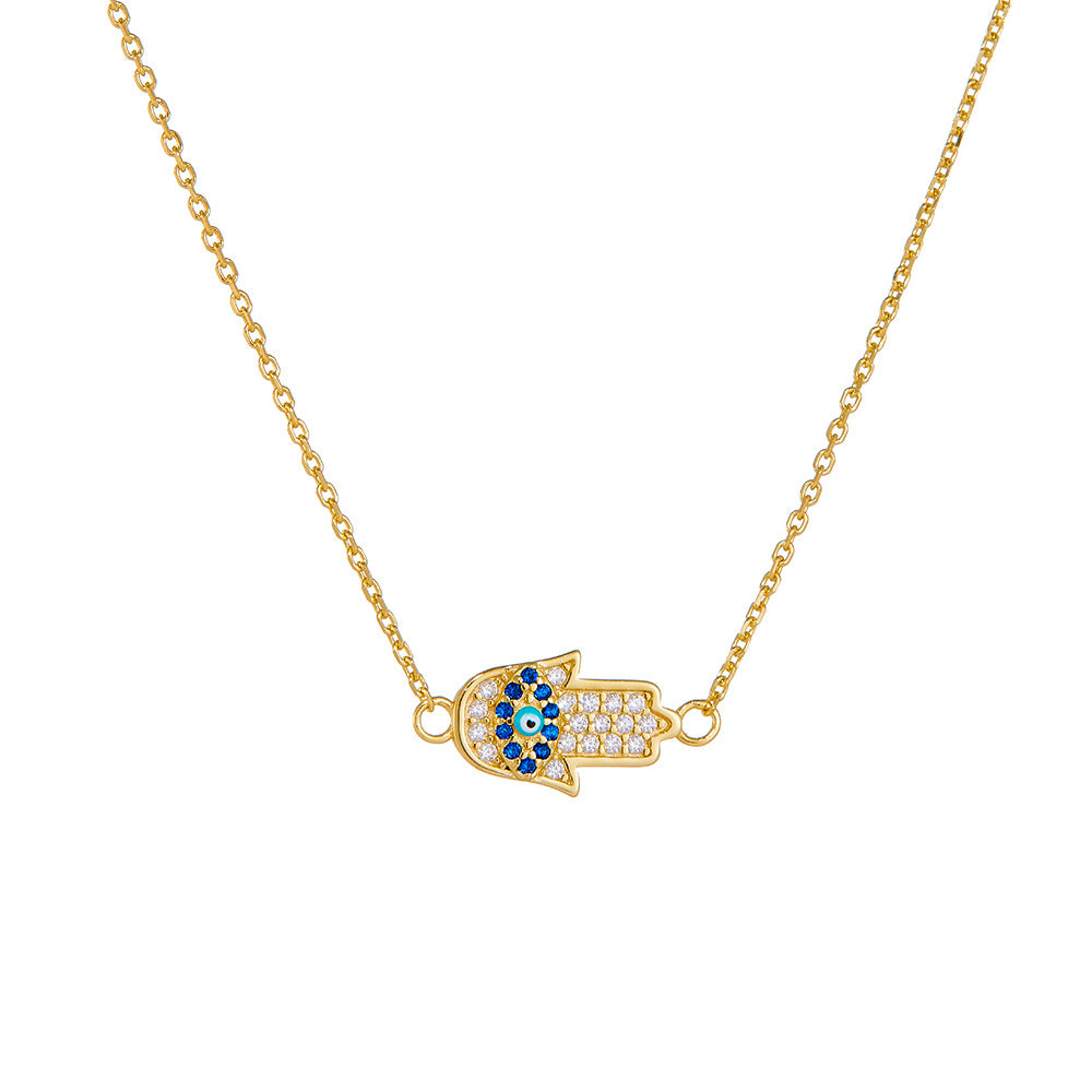 Micro-Inlaid Zircon Devil'S Eye Sterling Silver Necklace Inlaid Dripping Oil Palm Pendant