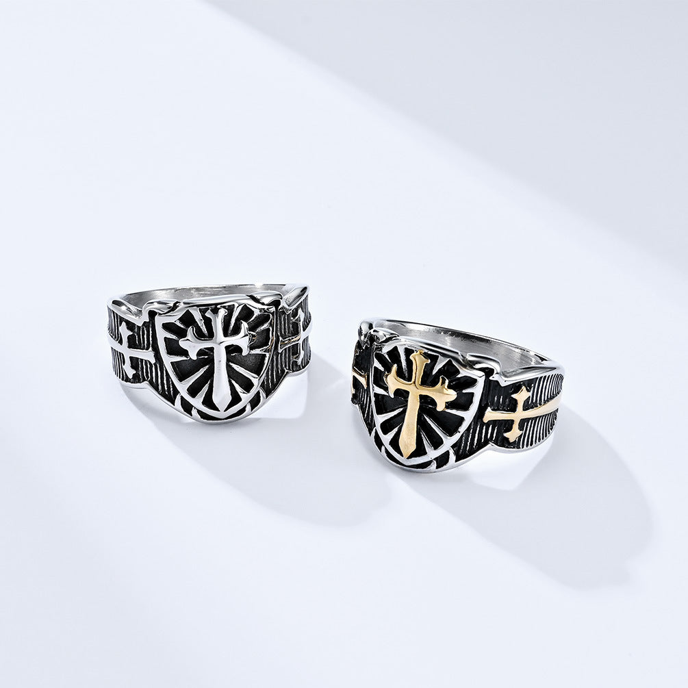 Steel Ring – Vintage Crusader Shield Cross Mens Everyday Niche Ring Stainless Steel Planderful