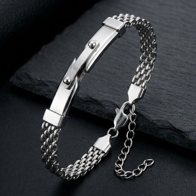 Strap Chain Bracelet – Nail Curved Bar Mesh With Extension Chain Stainless Steel