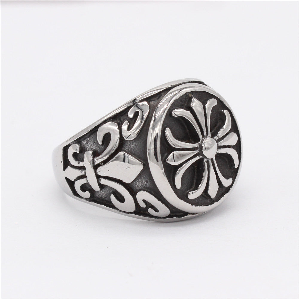 Relief Cross Flower Round Titanium Steel Ring for Men
