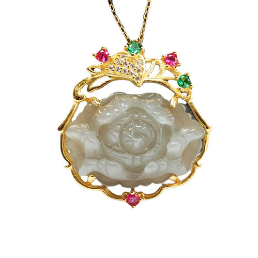 Purple Smoke Peony Flower Necklace with Natural Hetian Jade and Colorful Zircon