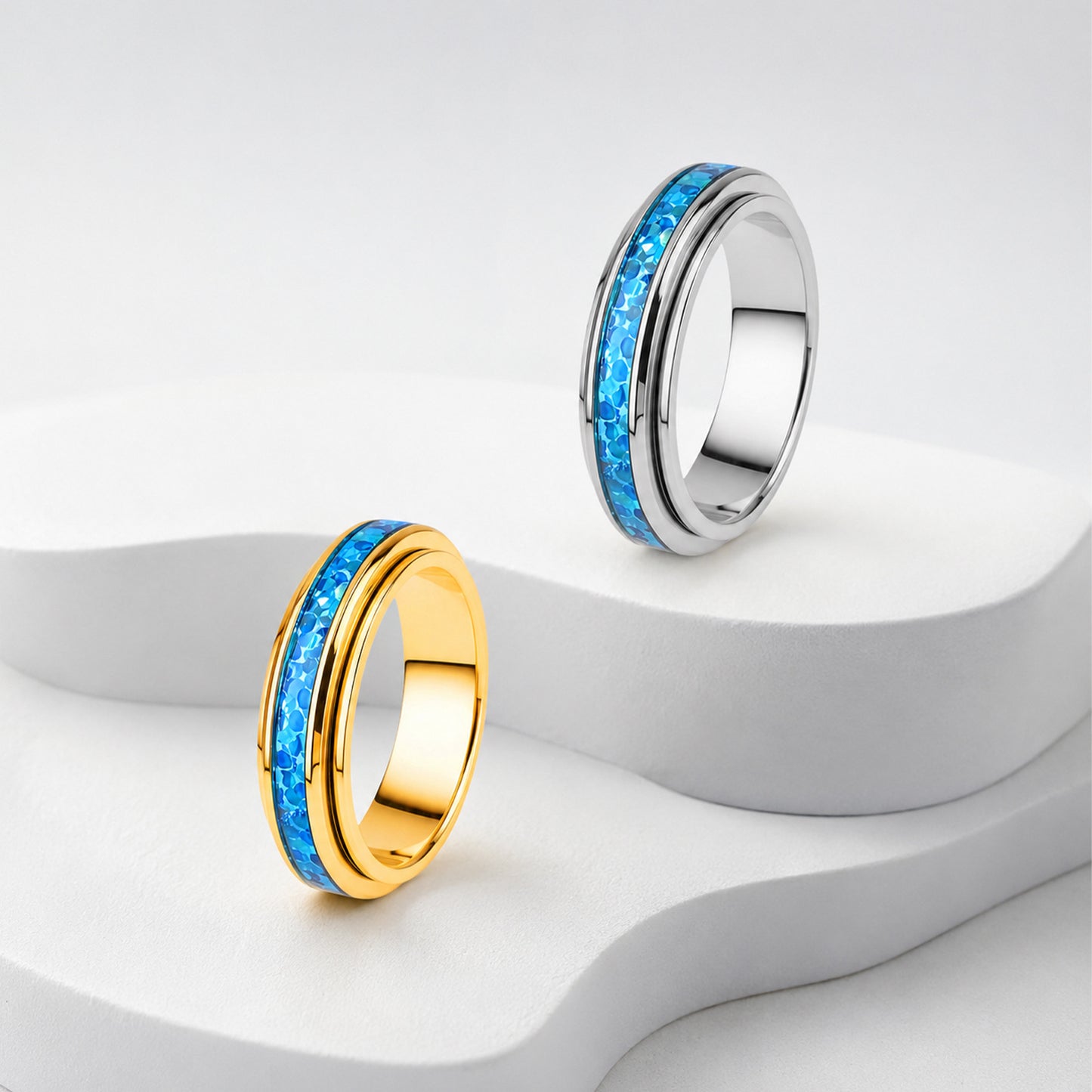 Planderful Everyday Genie Blue Opal Rotatable Ring Stainless Steel Unisex Jewelry for All