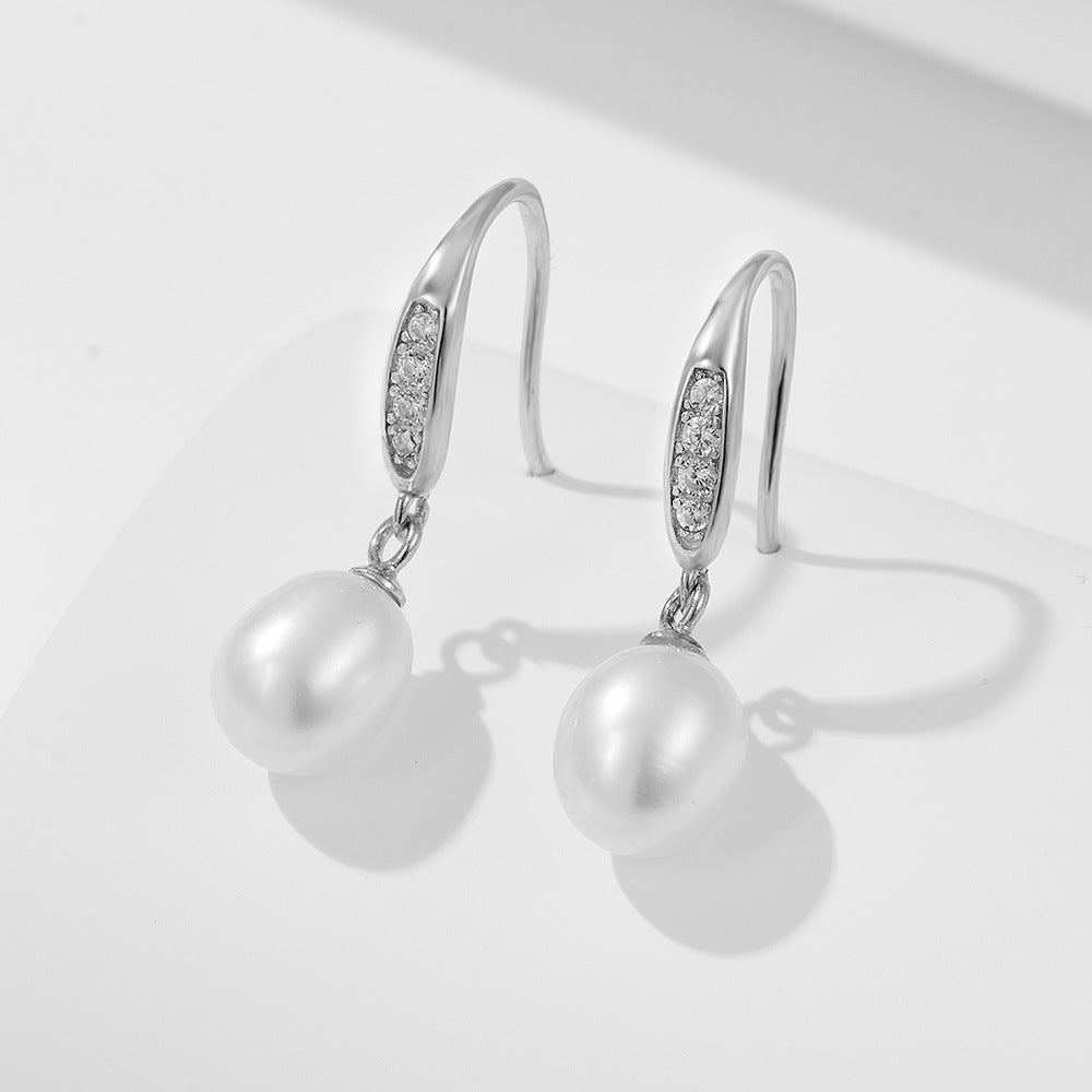 S925 Sterling Silver Freshwater Pearl Long Ear Hook Earrings Retro Earrings