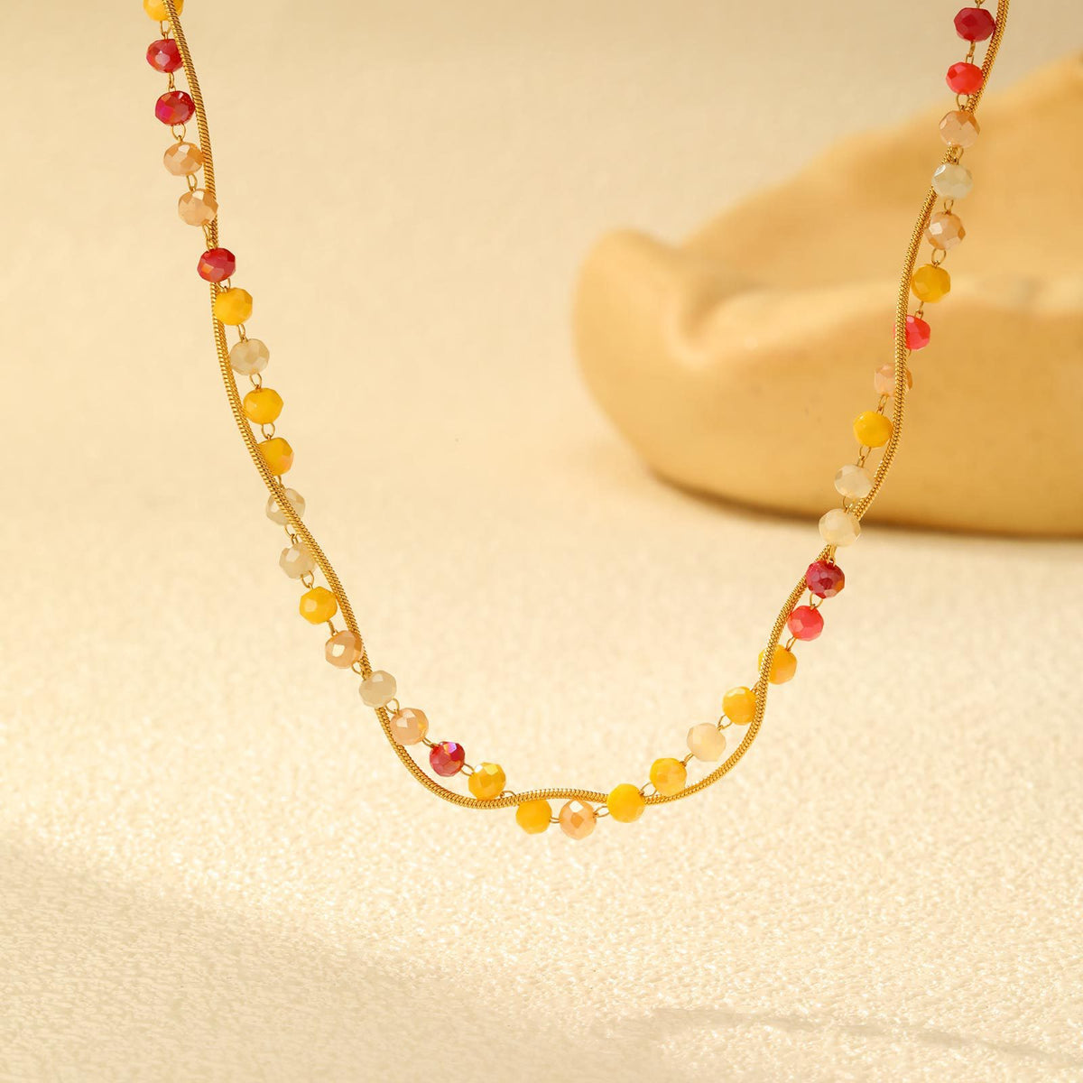 Stainless Steel Round Snake Chain Red & Yellow Mixed Color Glass Section Beaded Necklace