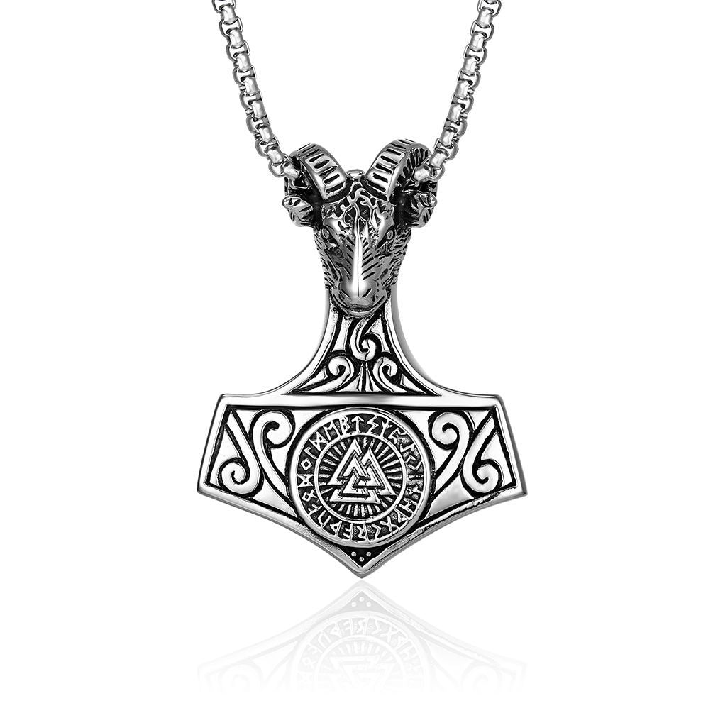Vintage Nordic Viking Ram Head Necklace with Compass Pendant