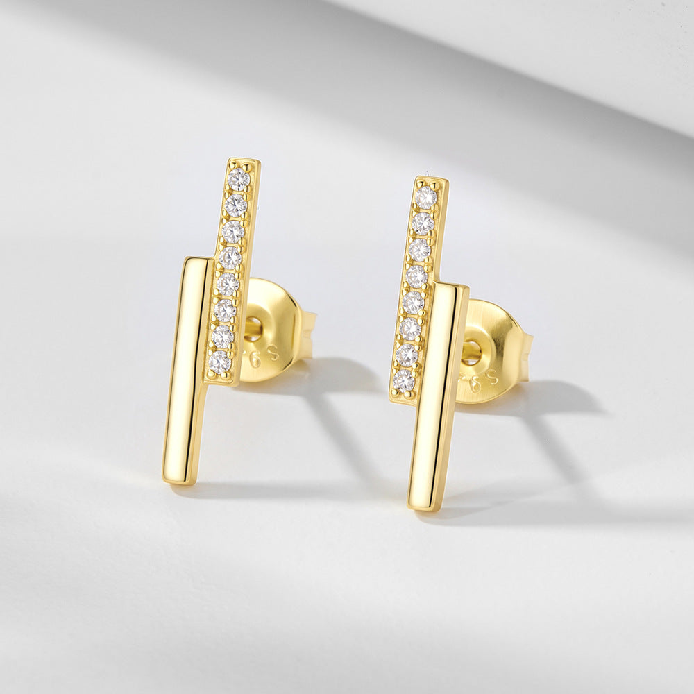 S925 Sterling Silver Zircon One-Word Design Stud Earrings Double Row Geometric Lines Small
