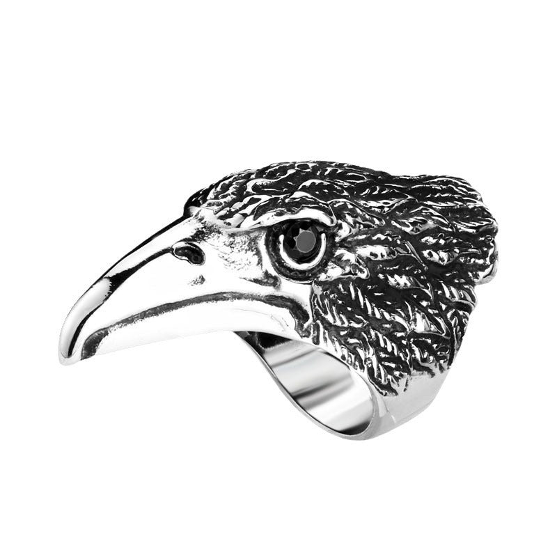 Men's Vintage Eagle Head Titanium Steel Ring with Thai Silver Style and Gemstone