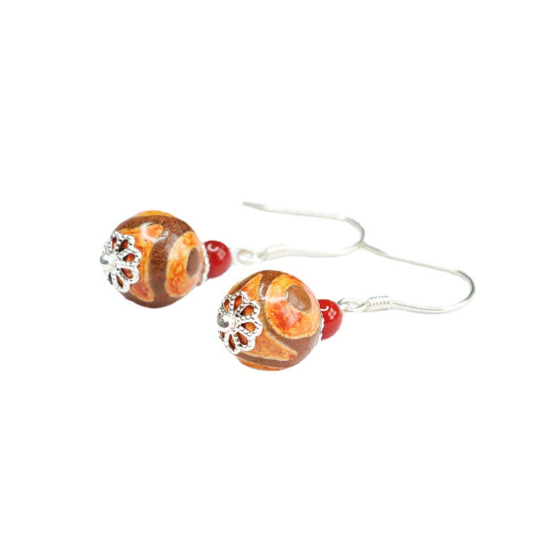 Three-Eye Dzi Bead 925 Silver Hook Earrings