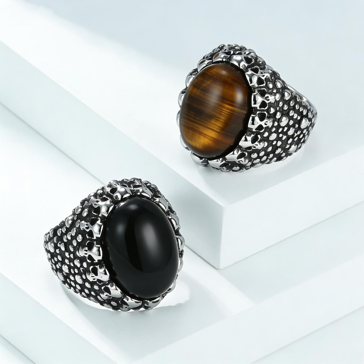 Tiger's Eye Ring - Statement Skull Ring for Men in Stainless Steel Planderful Jewelry