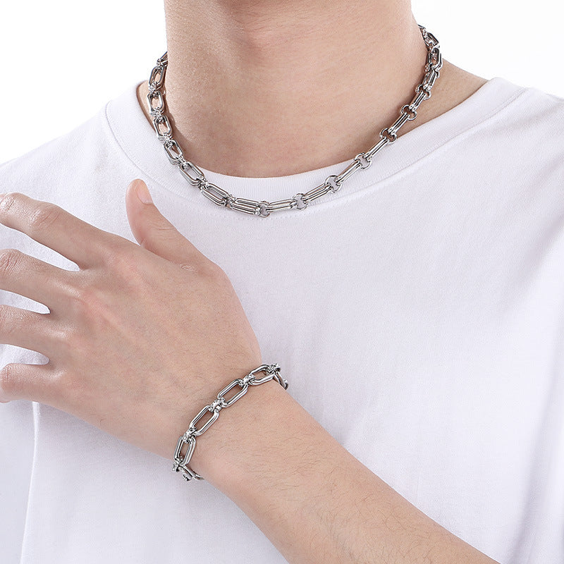 Stainless Steel Mens Necklace O Chain Double Circle Oval