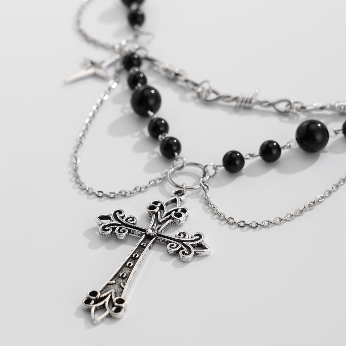 Bow, Cross & Pearl-Style Fringe Necklace
