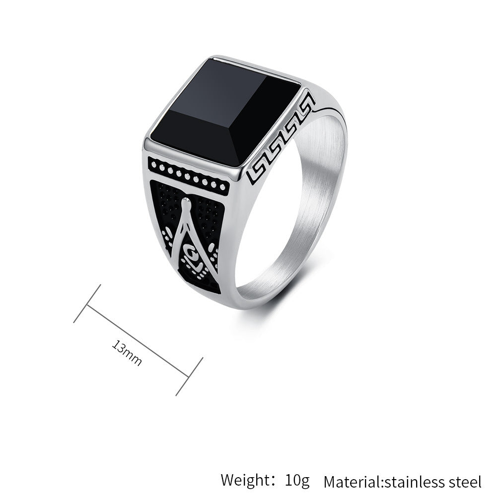 Planderful Freemason Ring Black Stone Stainless Steel Unisex Symbol Of Protection For Fraternity Members