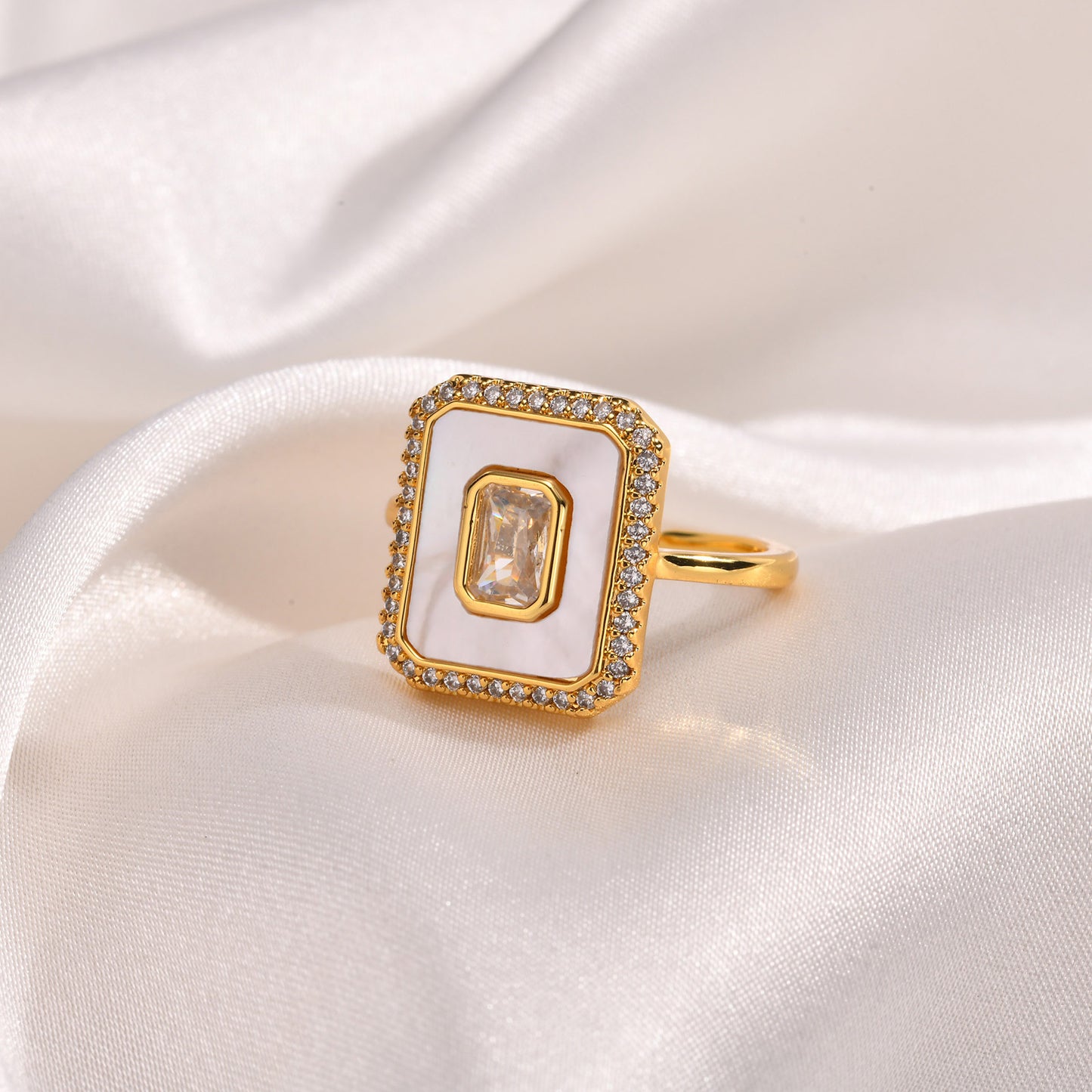 Fashion Copper Geometric Octagon Zircon Shell Open Ring Golden Lady