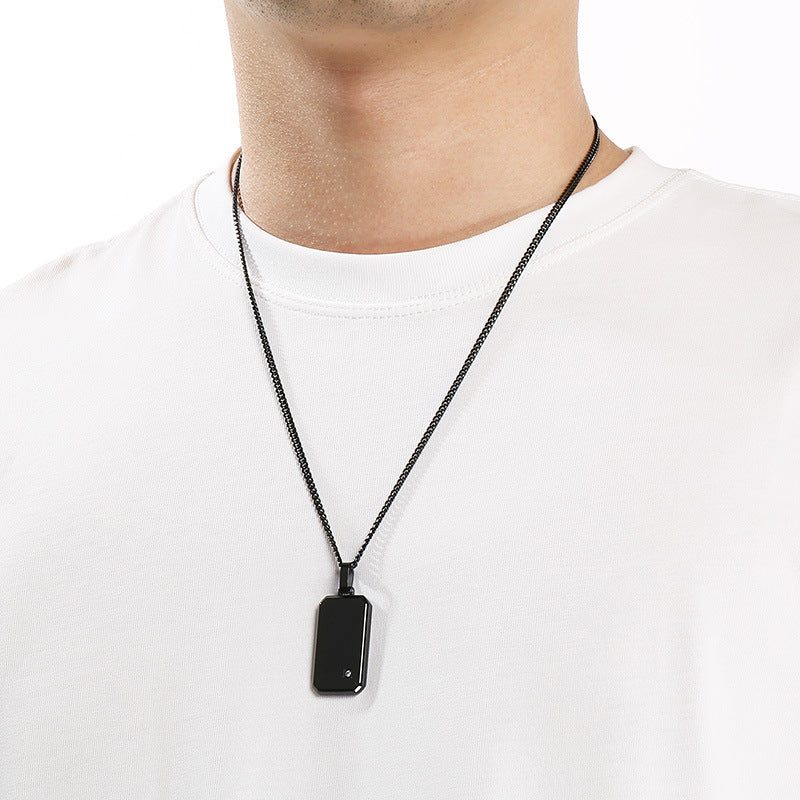 Minimalist Geometric Square Men's Zircon Necklace, Niche Stainless Steel Military Pendant