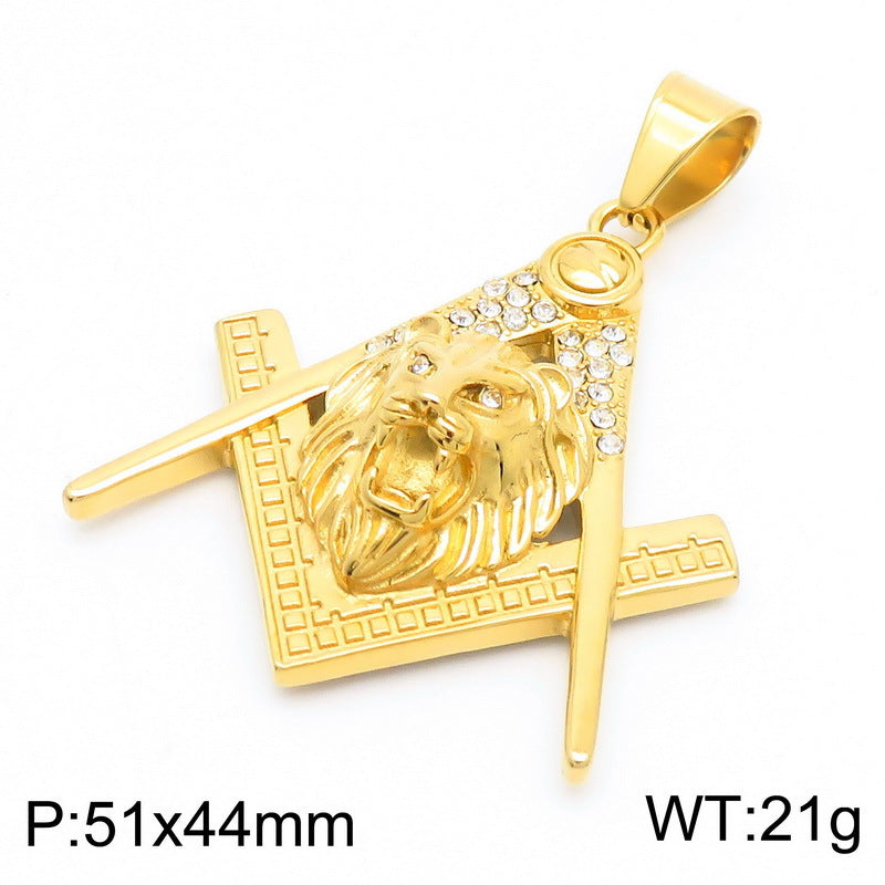 Stylish Stainless Steel Masonic Lion Head Pendant with Zircon Accents for Men