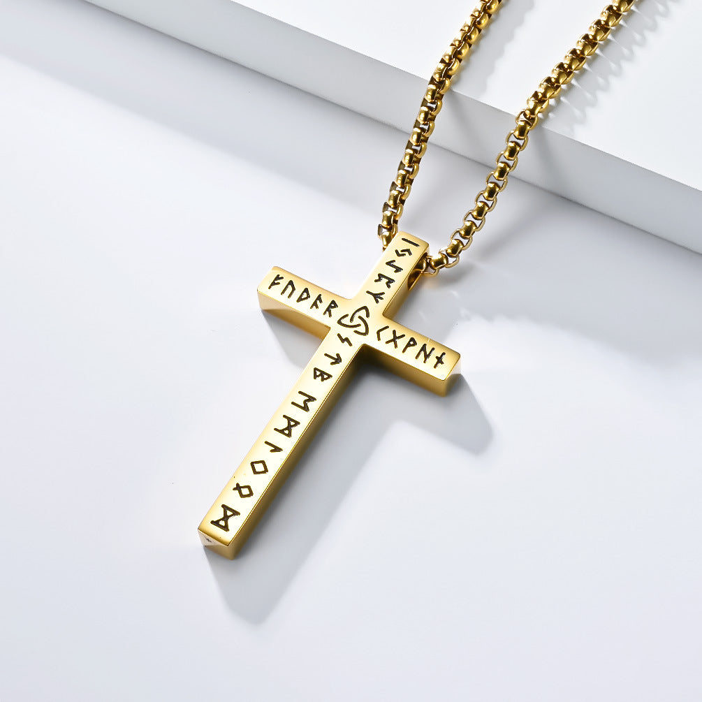 Planderful Luhn Rune Smooth Cross Pendant Necklace Titanium Steel For Men Nordic Viking Jewelry