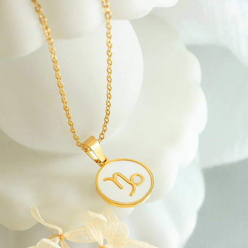 Celestial Zodiac Necklace Set with White Sea Shell Pendant - Titanium Steel Gold Plated Women's Jewelry