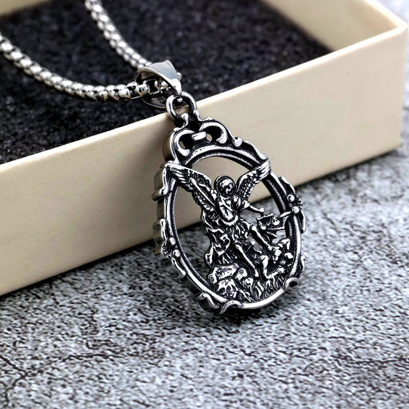Planderful Shop Vintage Stainless Steel Angel Necklace With Order Of St Michael Pendant For Men And Women
