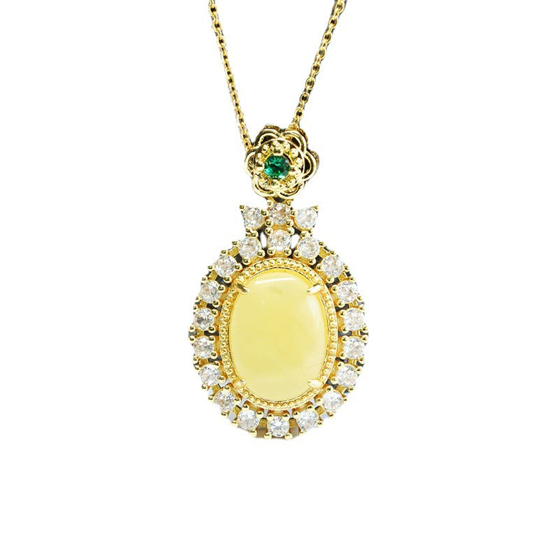 Golden Amber Beeswax Necklace with Zircon Halo