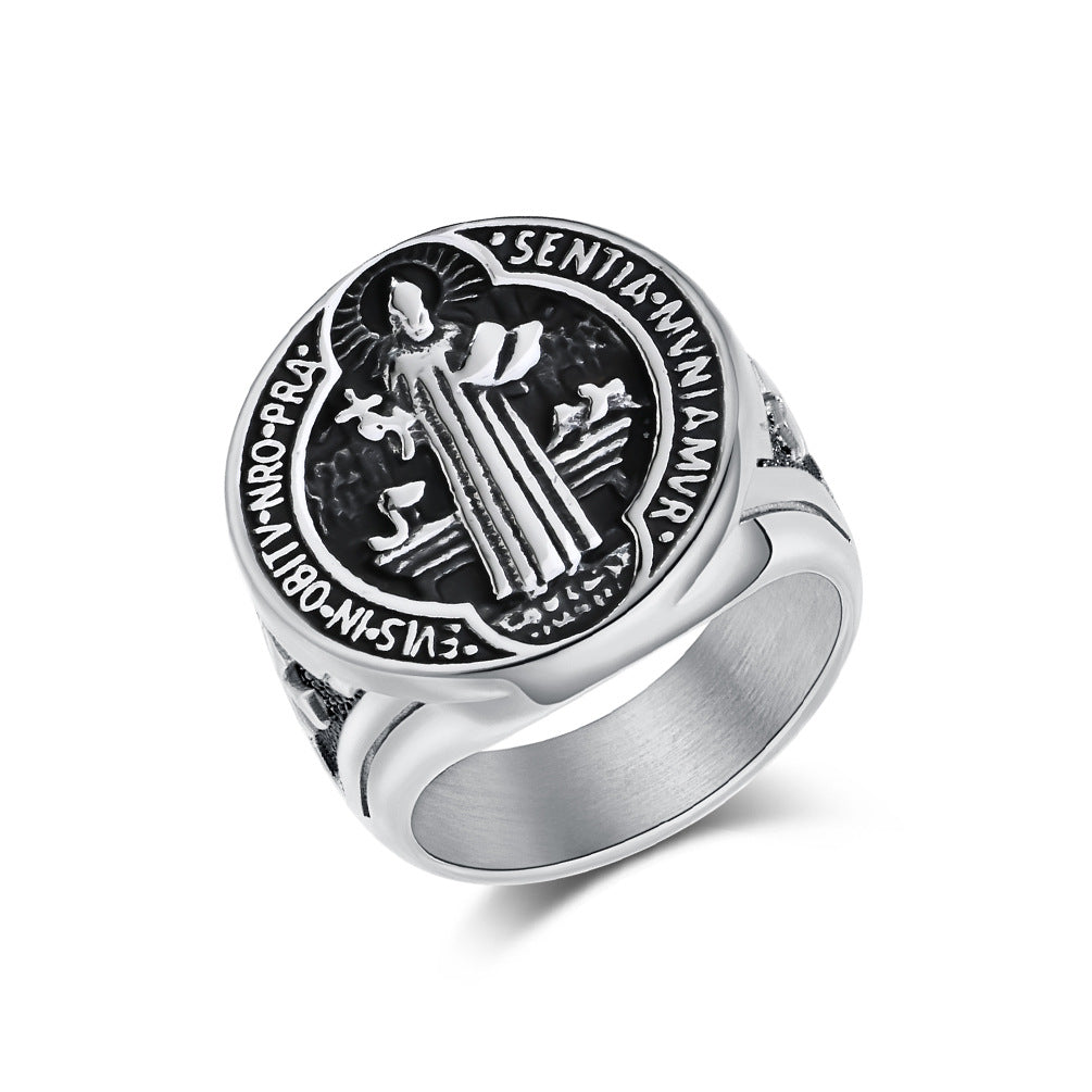 Planderful St Benedict Ring For Men Titanium Steel Durable Iconic Exorcism Symbol Jewelry