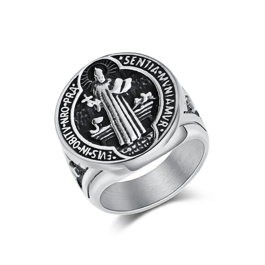 Planderful St Benedict Ring Exorcism Stainless Steel Titanium For Men Durable Masculine Jewelry Genie Collection