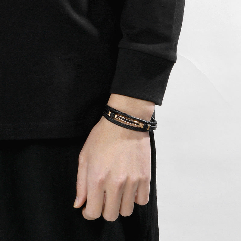 Multi-Layer Leather Rope Bracelet – Black Woven Leather Layered Stainless Steel