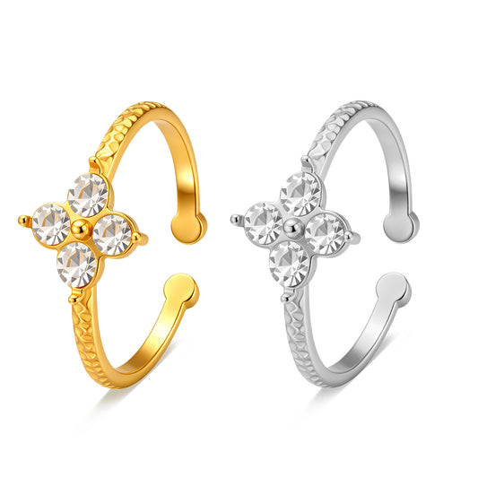 Planderful Everyday Genie Hammered Four Leaf Clover Ring Stainless Steel With Zircon Open Adjustable Unisex Jewelry