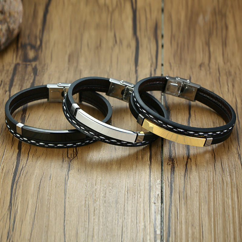 Stainless Steel Leather Bracelet Curved PU Leather Woven