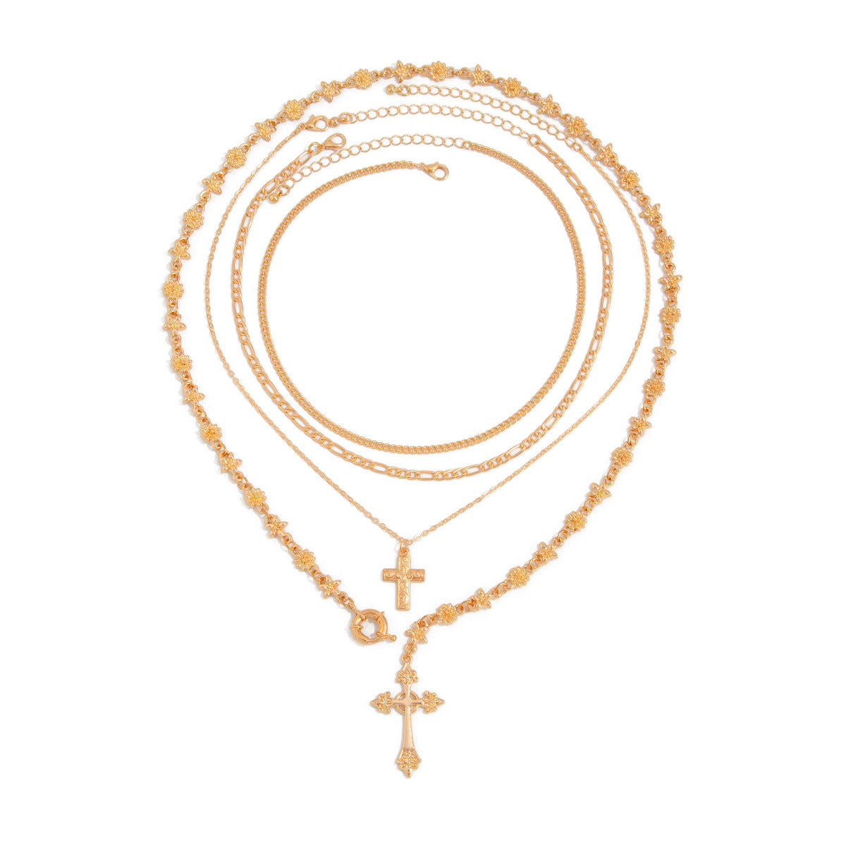 Flower Chain & Cross Layered Necklace