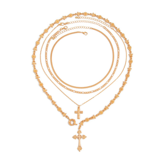 Flower Chain & Cross Layered Necklace