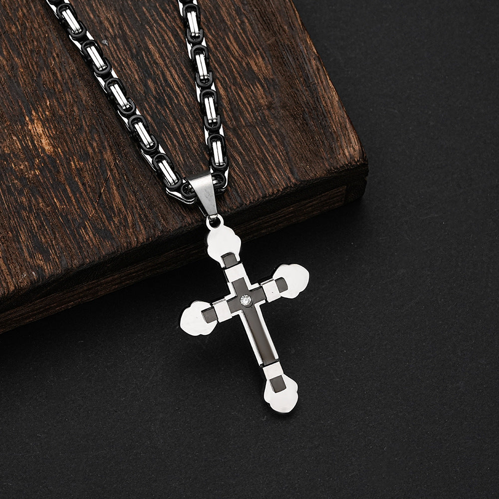Planderful Mens Stainless Steel Cross Necklace With Double Layer Zircon Pendant For Men Punk Style