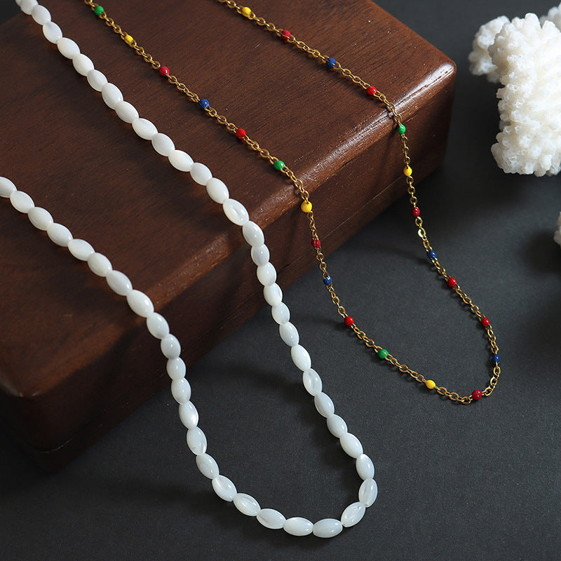 Vintage Chic Shell Pendant Necklace with Drip Oil Titanium Steel Chain