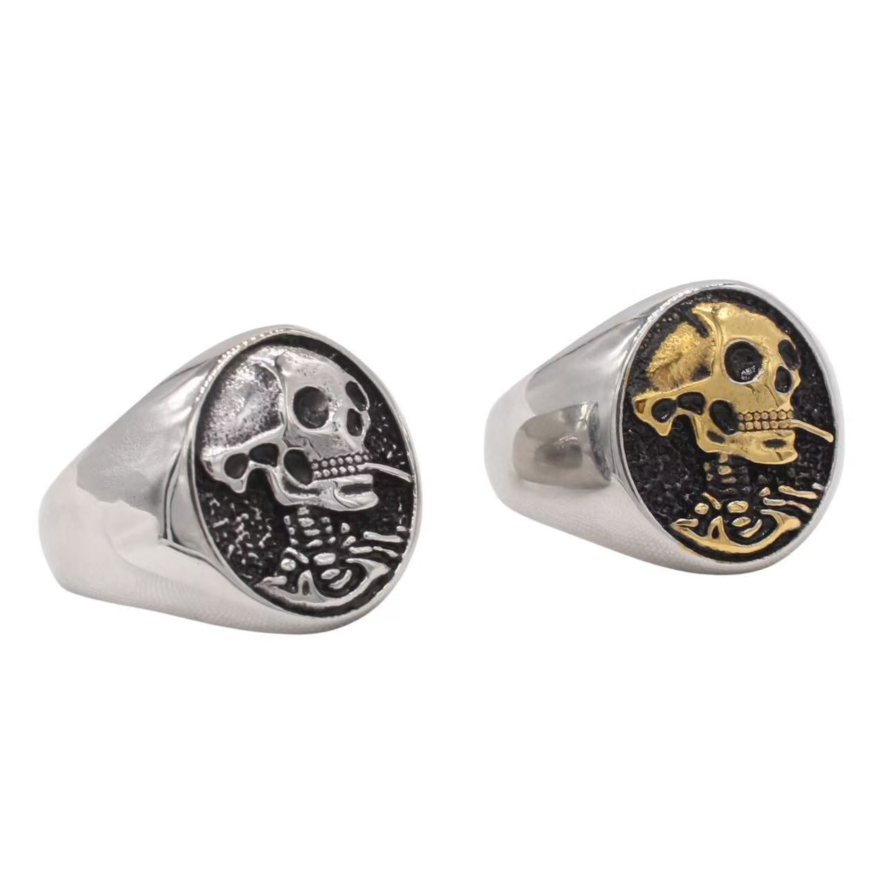 Planderful Jewelry Men's Vintage Smoking Skull Ring in Titanium Steel With Bold Craft