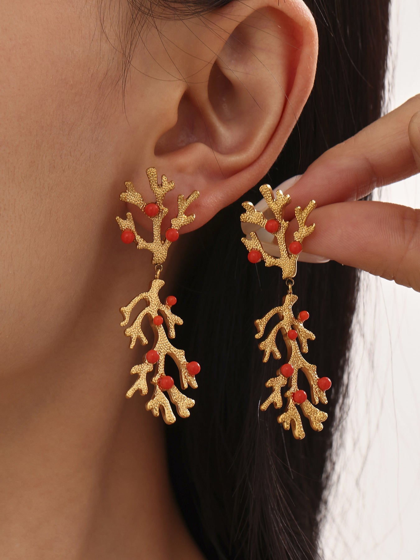 Planderful Red Coral Bead Oil Drop Earrings 18K Gold Women
