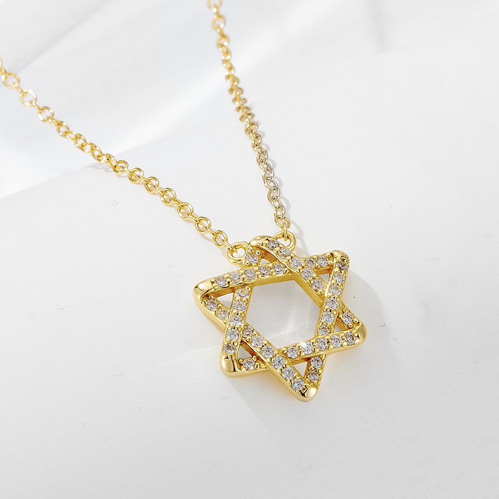 S925 Sterling Silver Hexagram Pendant Necklace Micro-Inlaid Zircon Personality Geometric Symbol