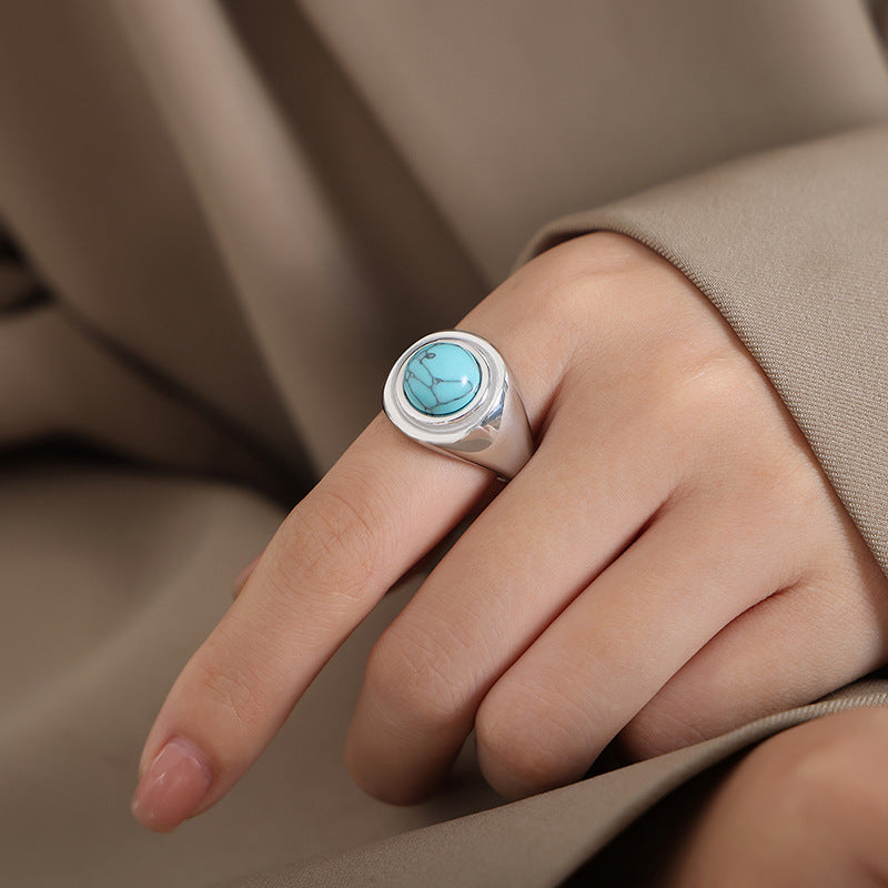 Luxury Tiger's Eye and Blue Turquoise Titanium Steel Couple Ring