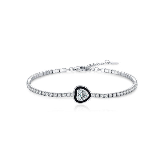 925 Sterling Silver Black Heart Enamel Zircon Bracelet