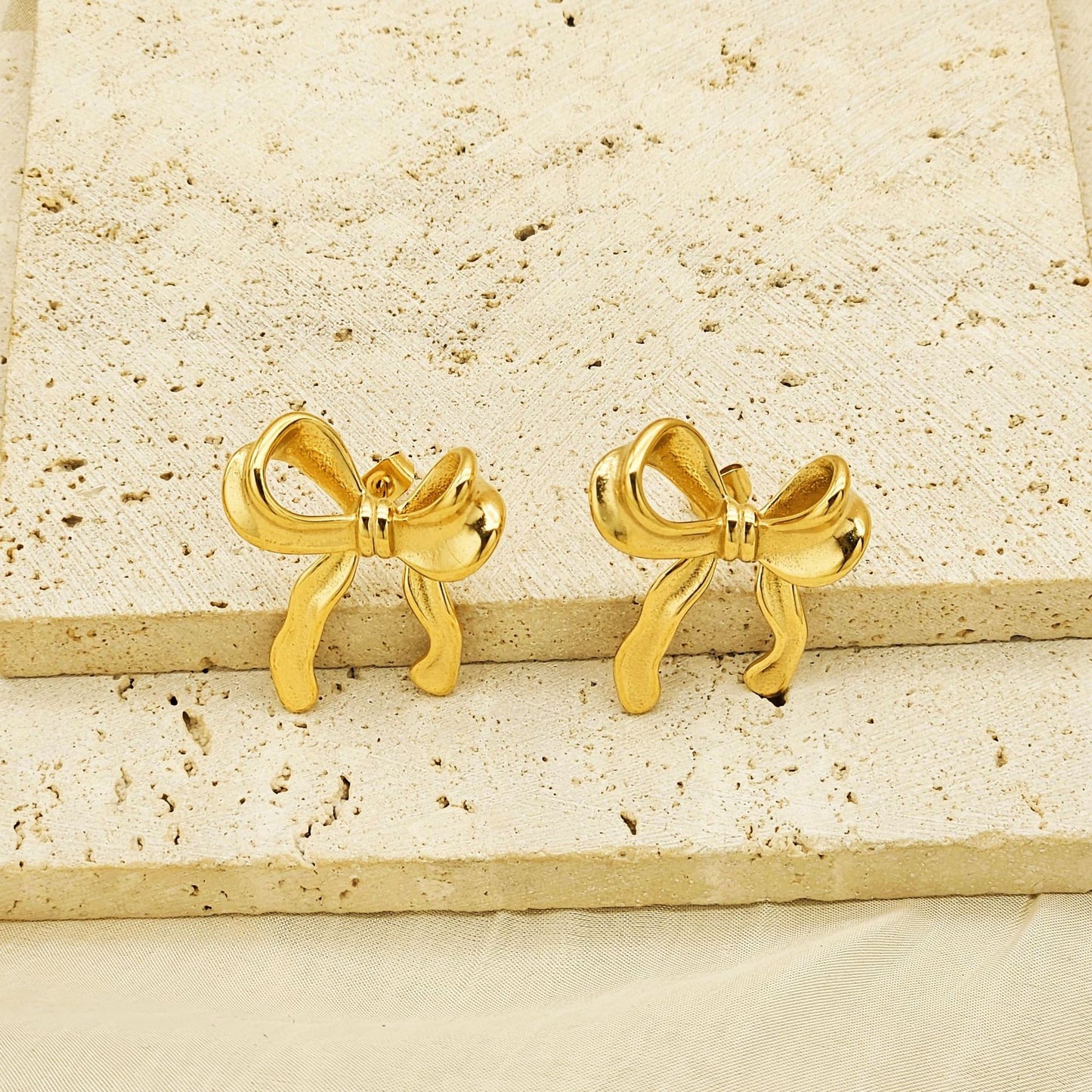 Planderful Ribbon Bow Stainless Steel Stud Earrings Gold Plated For Women Premium Versatile Statement