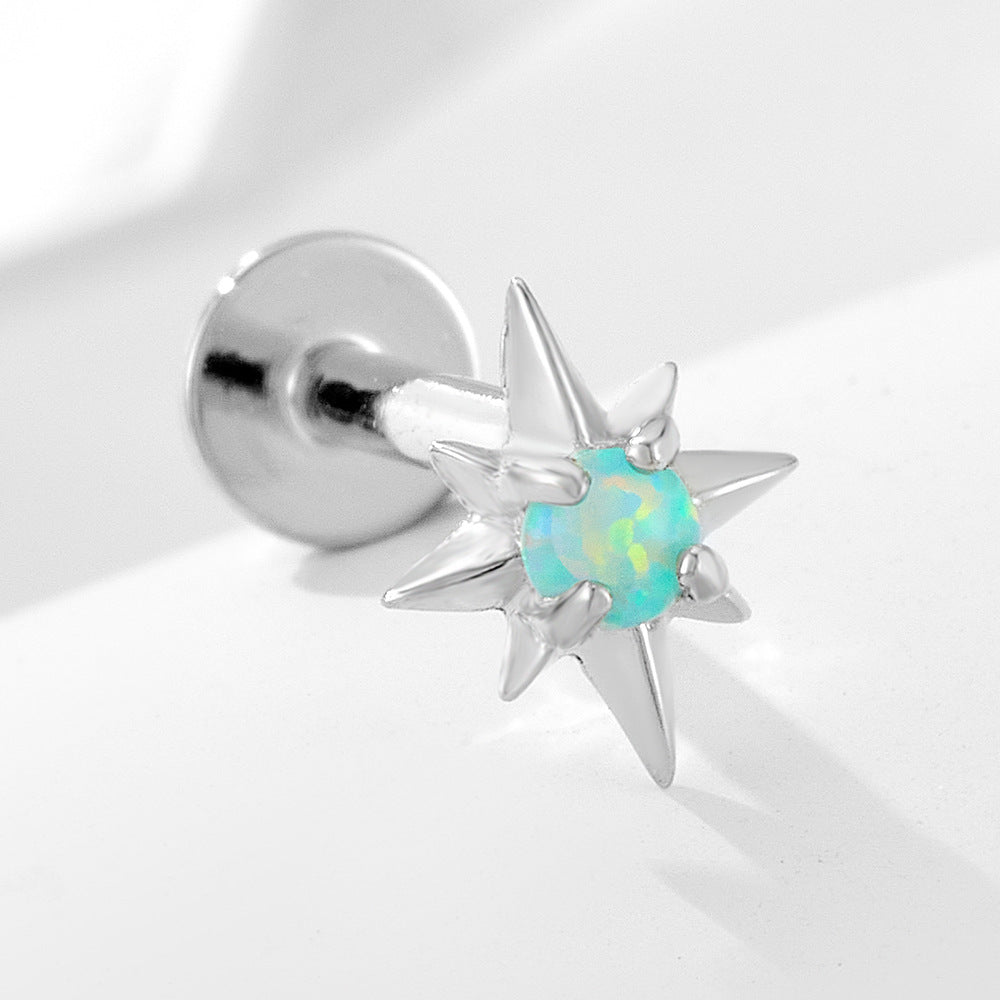 Planderful Sterling Silver Opal Octagram Flat Head Cartilage Earrings For Piercing Enthusiasts