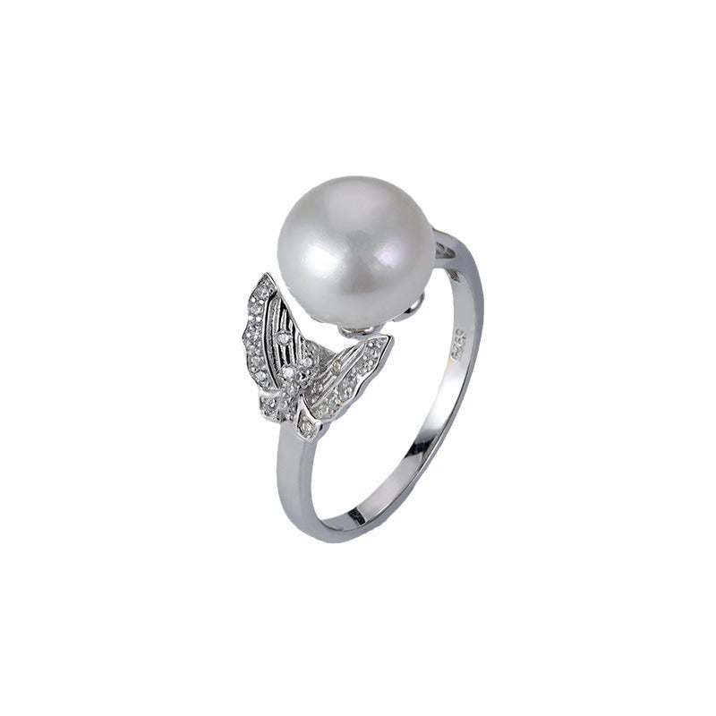 S925 Sterling Silver Freshwater Pearl Butterfly Ring — Adjustable