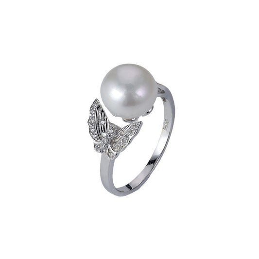 S925 Sterling Silver Freshwater Pearl Butterfly Ring — Adjustable