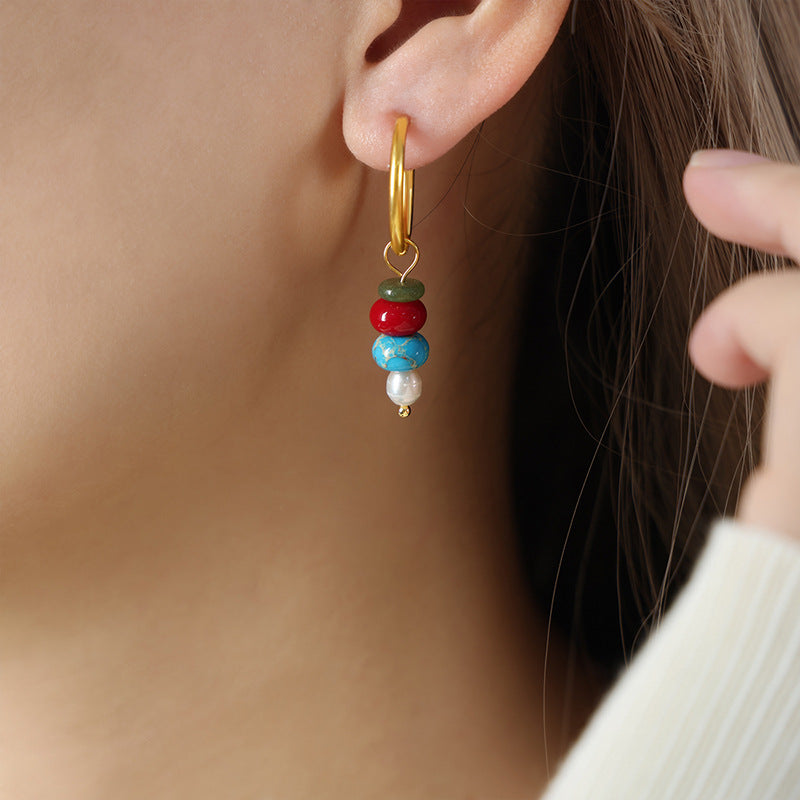 European Chic Stone Bead Pendant Earrings in Gold for Women's Jewelry