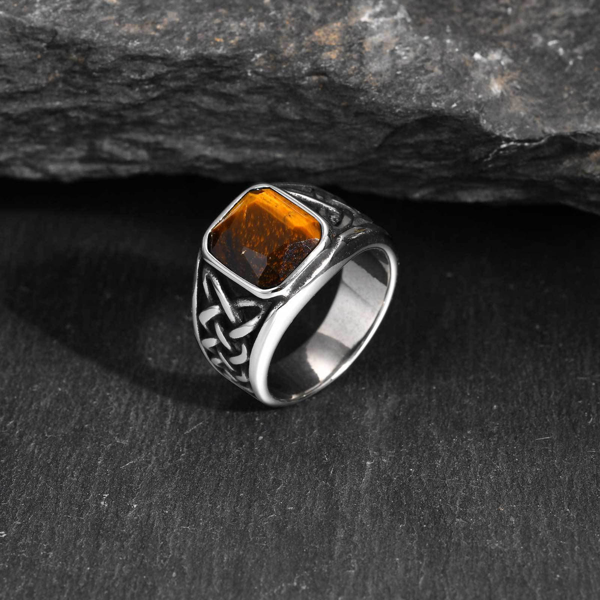 Stainless Steel Men's Finger Wrench Square Turquoise Natural Tiger's Eye Celtic Knot Ring