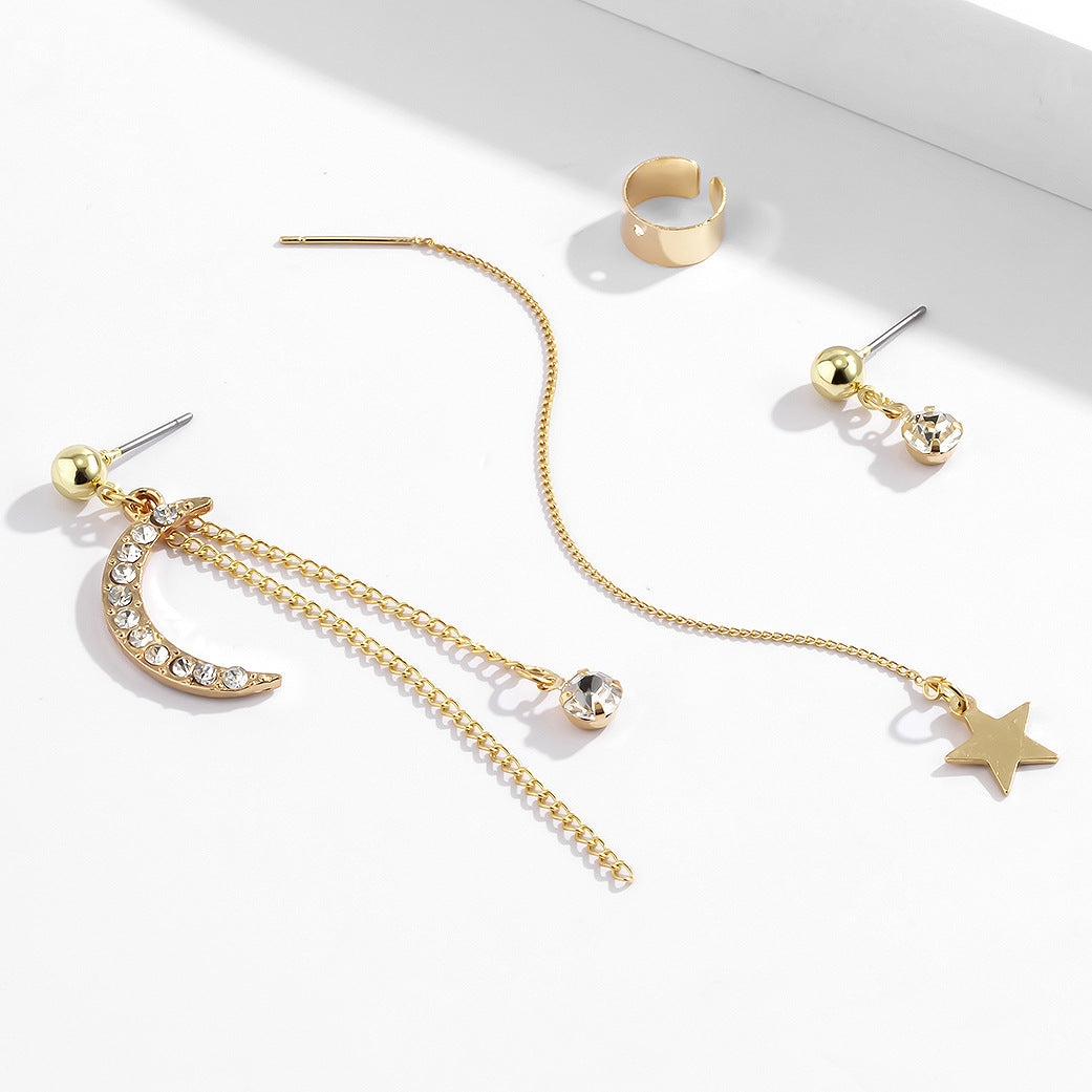 Sparkling Starry Night Tassel Earrings with Geometric Chains and Moon Accents