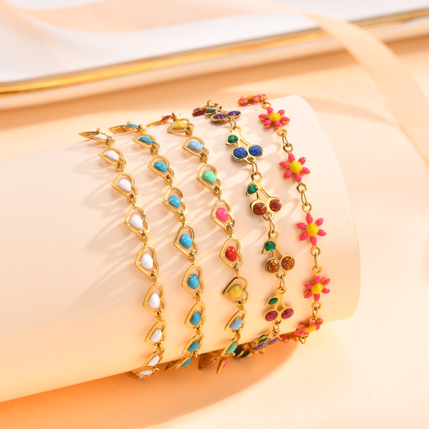 Ladies Color Epoxy Bracelet Stainless Steel Gold Cherry Flower Heart Element