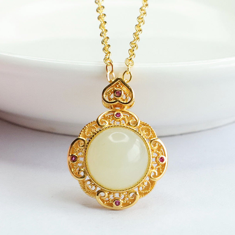 Round Hollow Edge Hetian Jade Necklace with Sterling Silver Chain