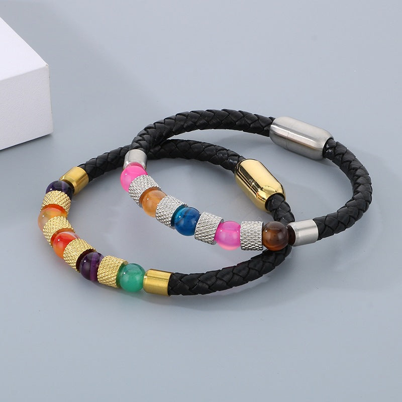 Bohemian Quartz Stone Beaded Leather Rope Bracelet – Magnetic Buckle Bracelet – Leather