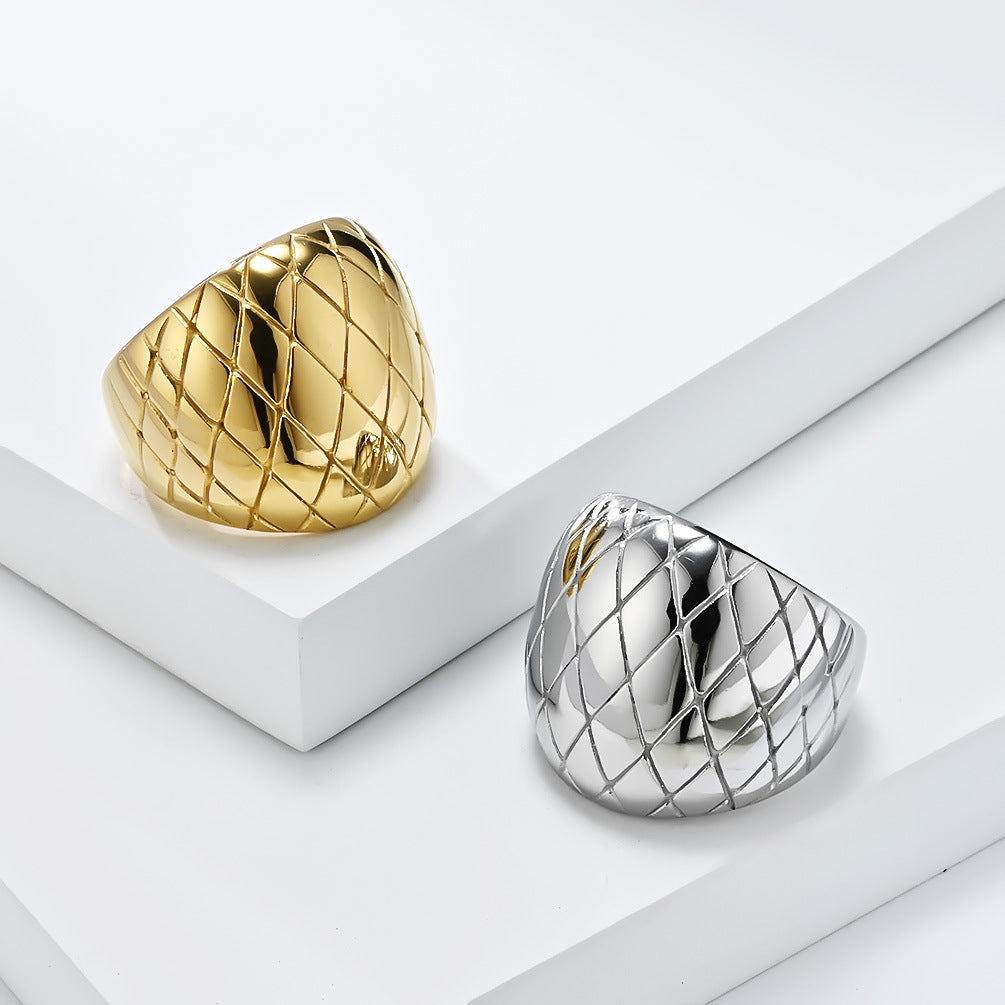 Planderful Grid Pattern Gold Plated Ring For Women Elegant Premium Stainless Steel Fashion Jewelry
