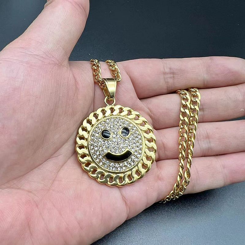 Steel Necklace - Statement Hip Hop Gold Plated Rhinestone Sunflower Smiley Pendant For Everyday Genie By Planderful